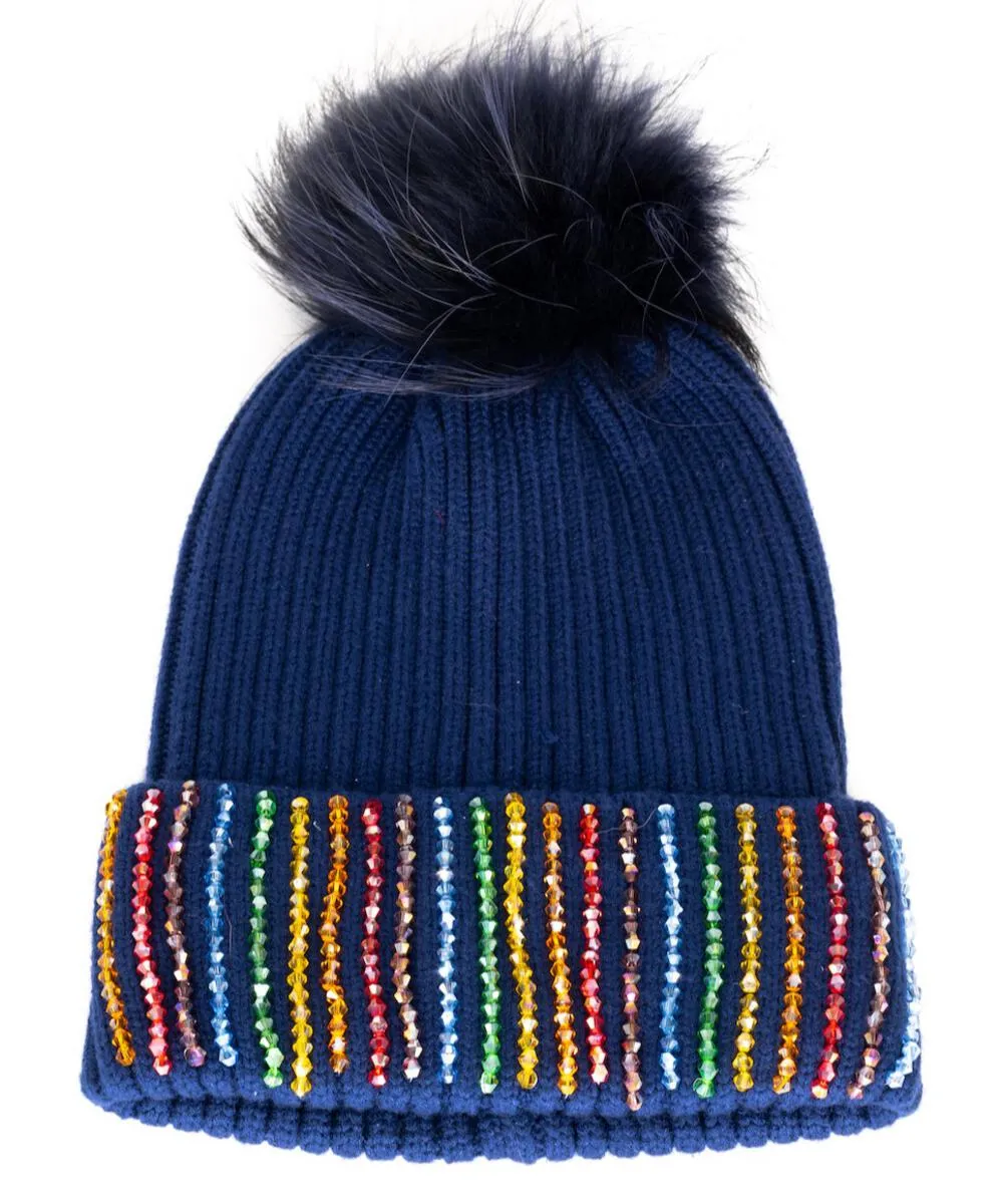 Bari Lynn Crystal Cuff Pom Hat - Navy