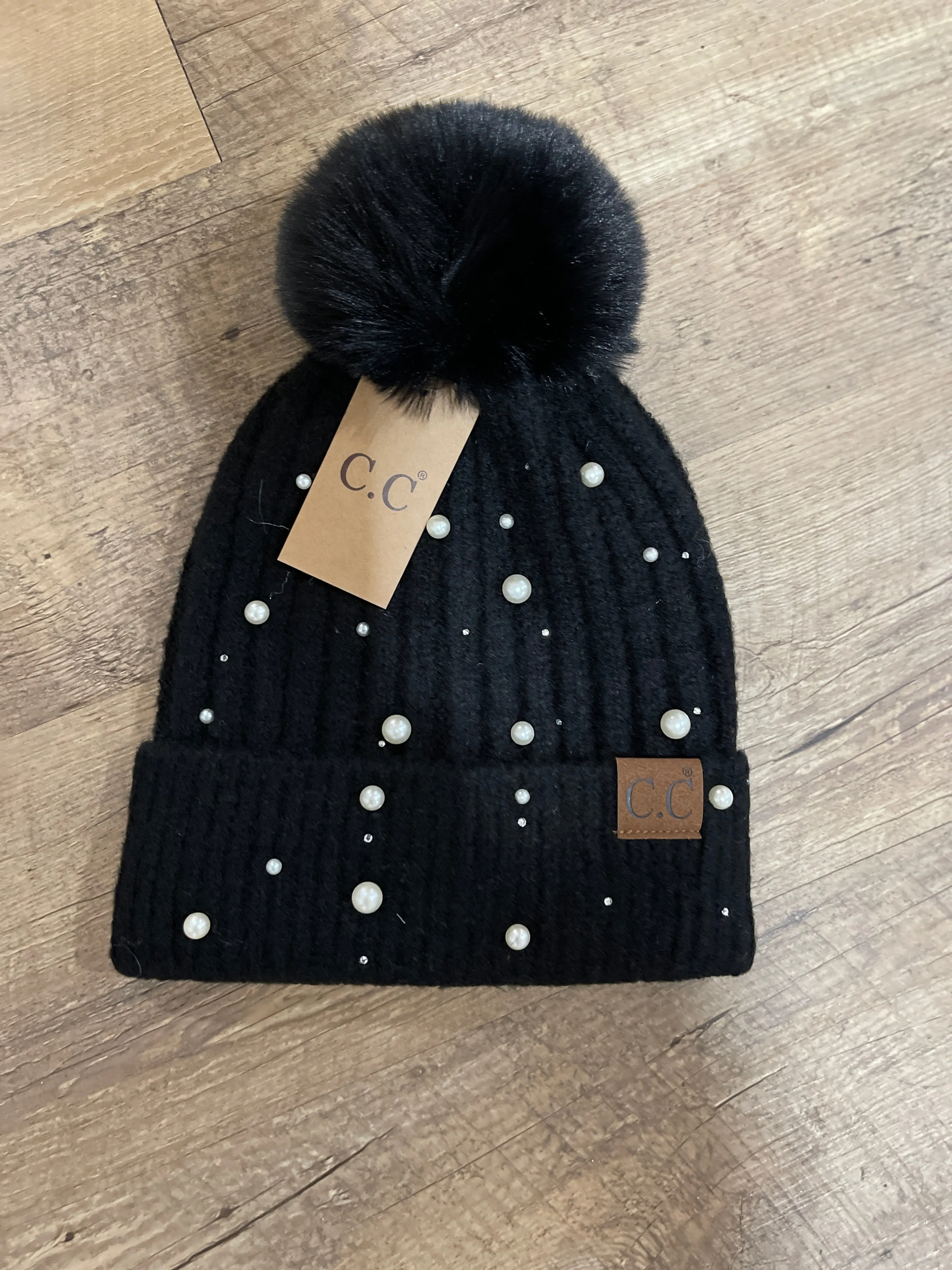 BLACK PEARL/RHINESTONE CC BEANIE