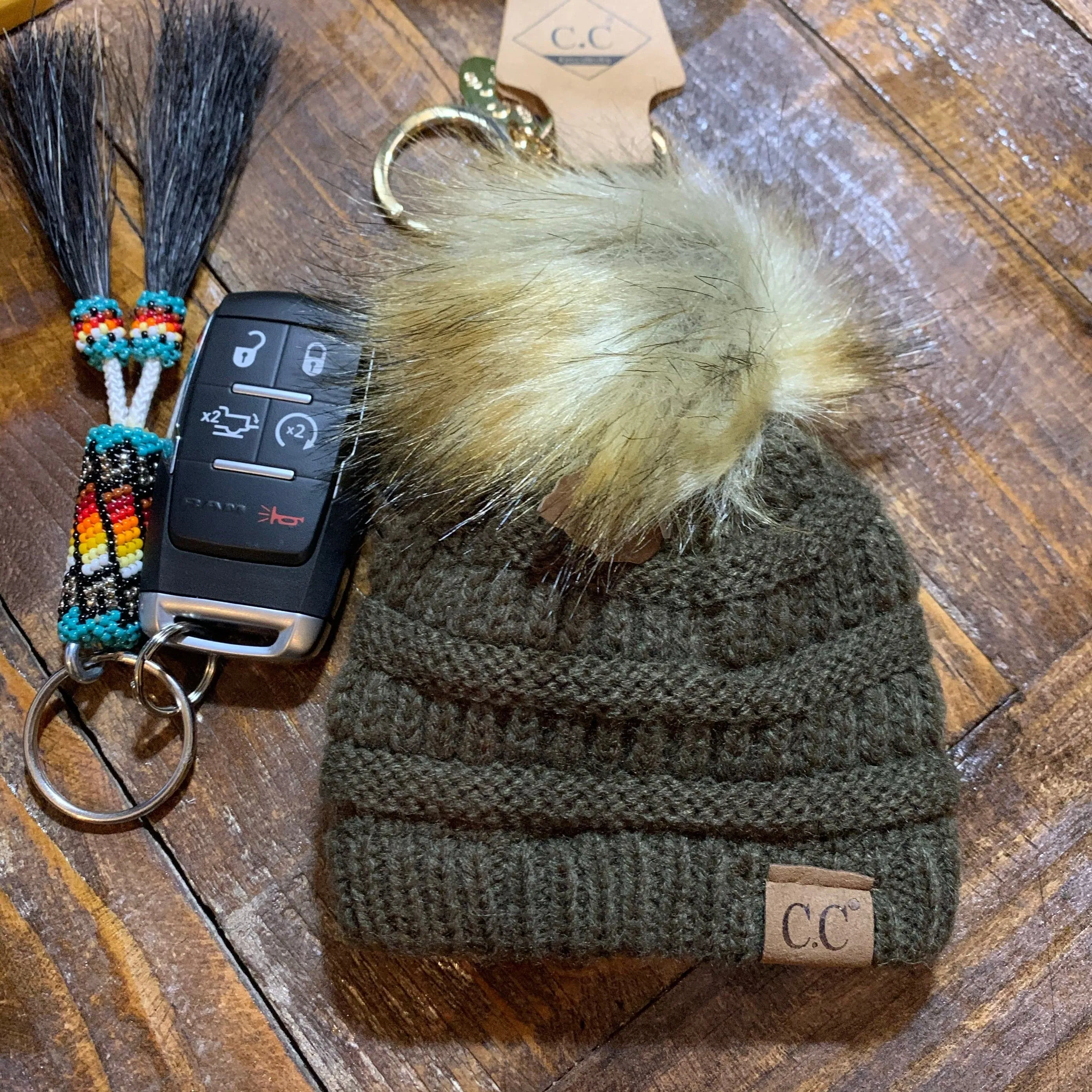 Brown CC beanie hat keychain