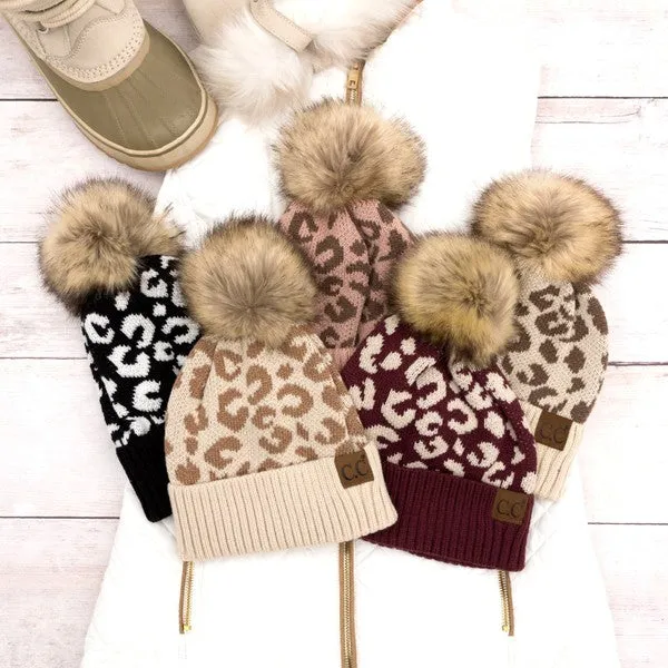 C.C Leopard Faux Fur Pom Beanie