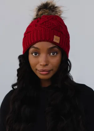 Dark Red Cable Knit Pom Hat