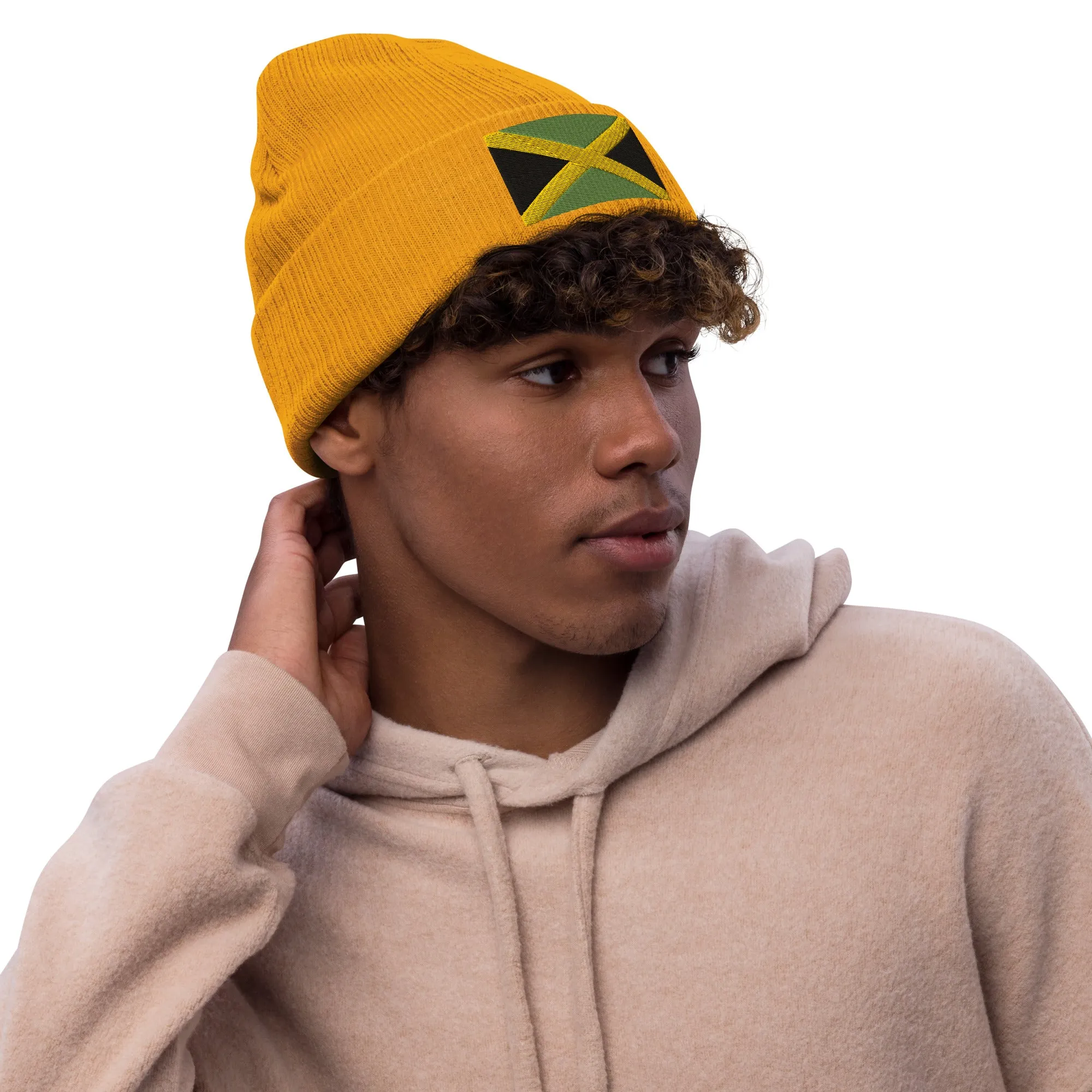 Jamaican Beanie Hat / Ribbed Knit Hat With Embroidered Jamaica Flag / 8 Colors Available / Recycled Polyester