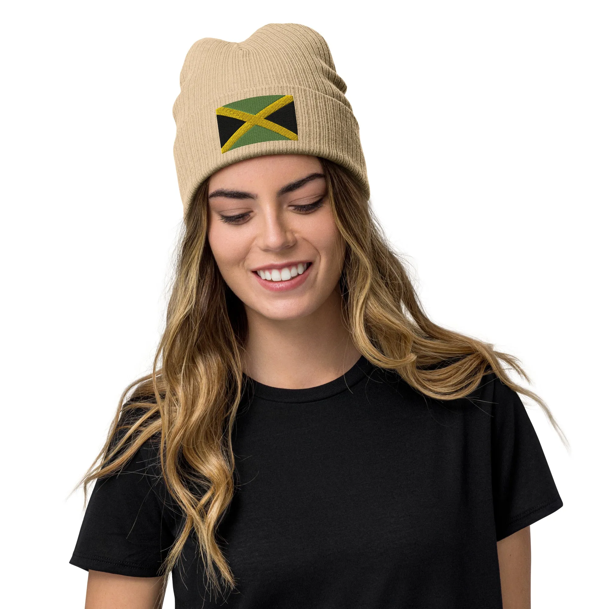 Jamaican Beanie Hat / Ribbed Knit Hat With Embroidered Jamaica Flag / 8 Colors Available / Recycled Polyester