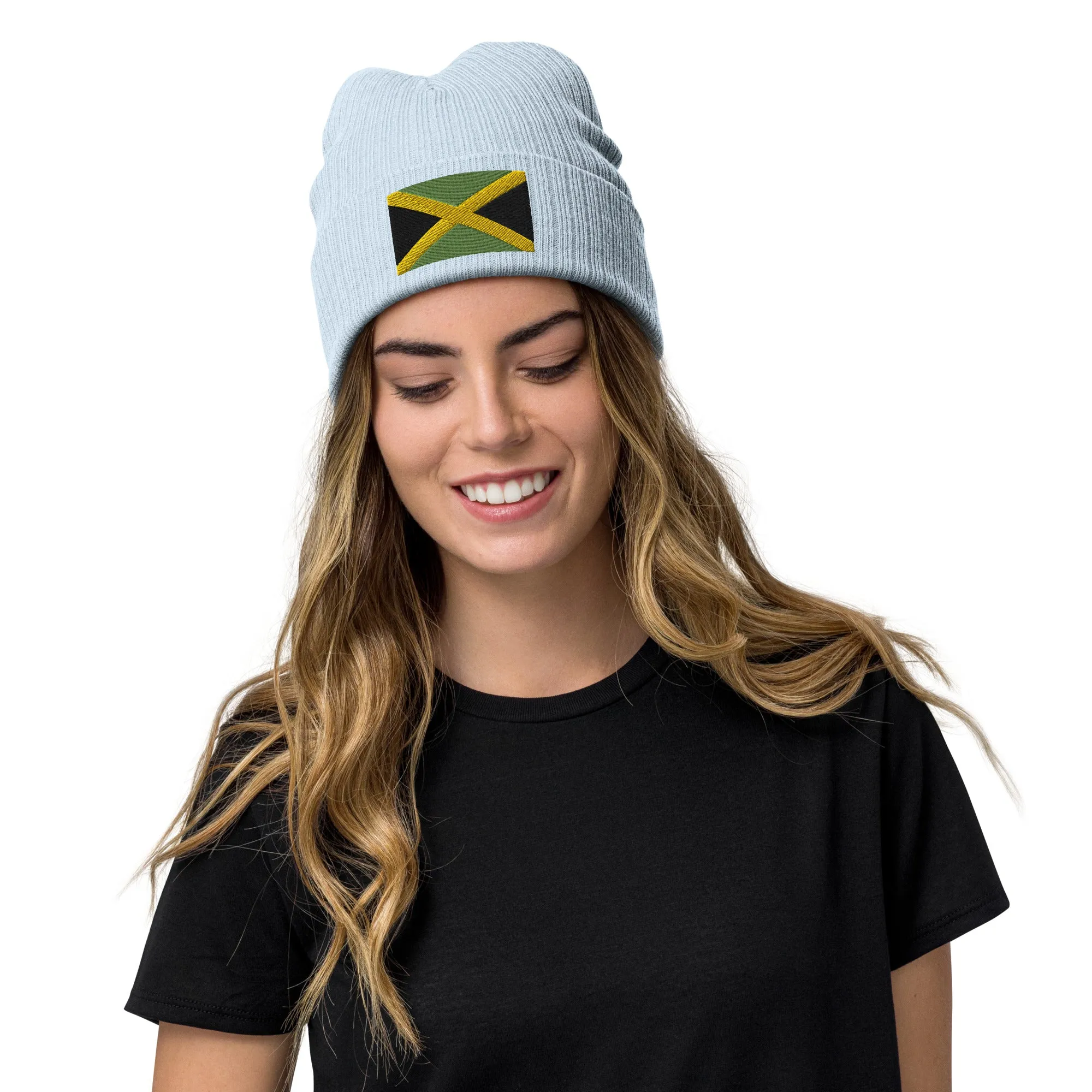 Jamaican Beanie Hat / Ribbed Knit Hat With Embroidered Jamaica Flag / 8 Colors Available / Recycled Polyester