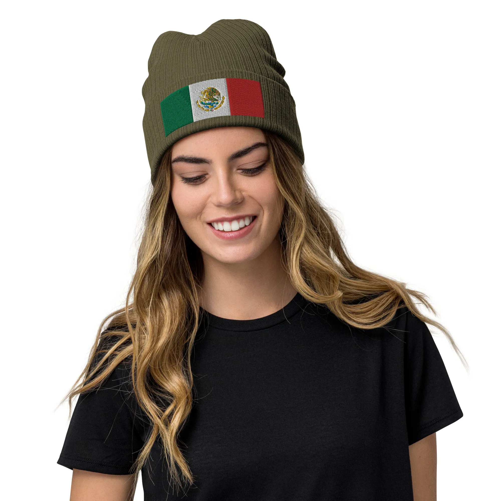 Mexico Beanie Hat With Embroidered Mexican Flag / Recycled Polyester / 8 Colors