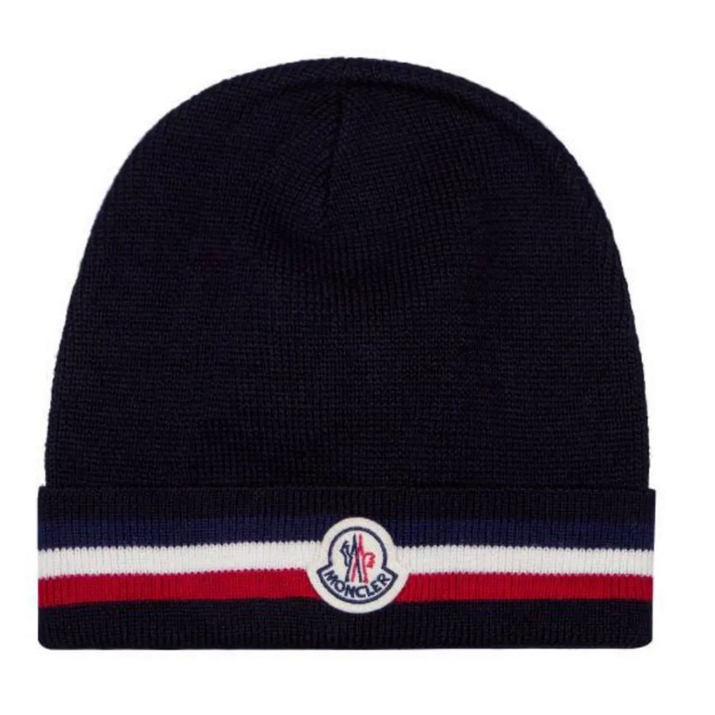 Moncler stripe logo beanie hat navy blue