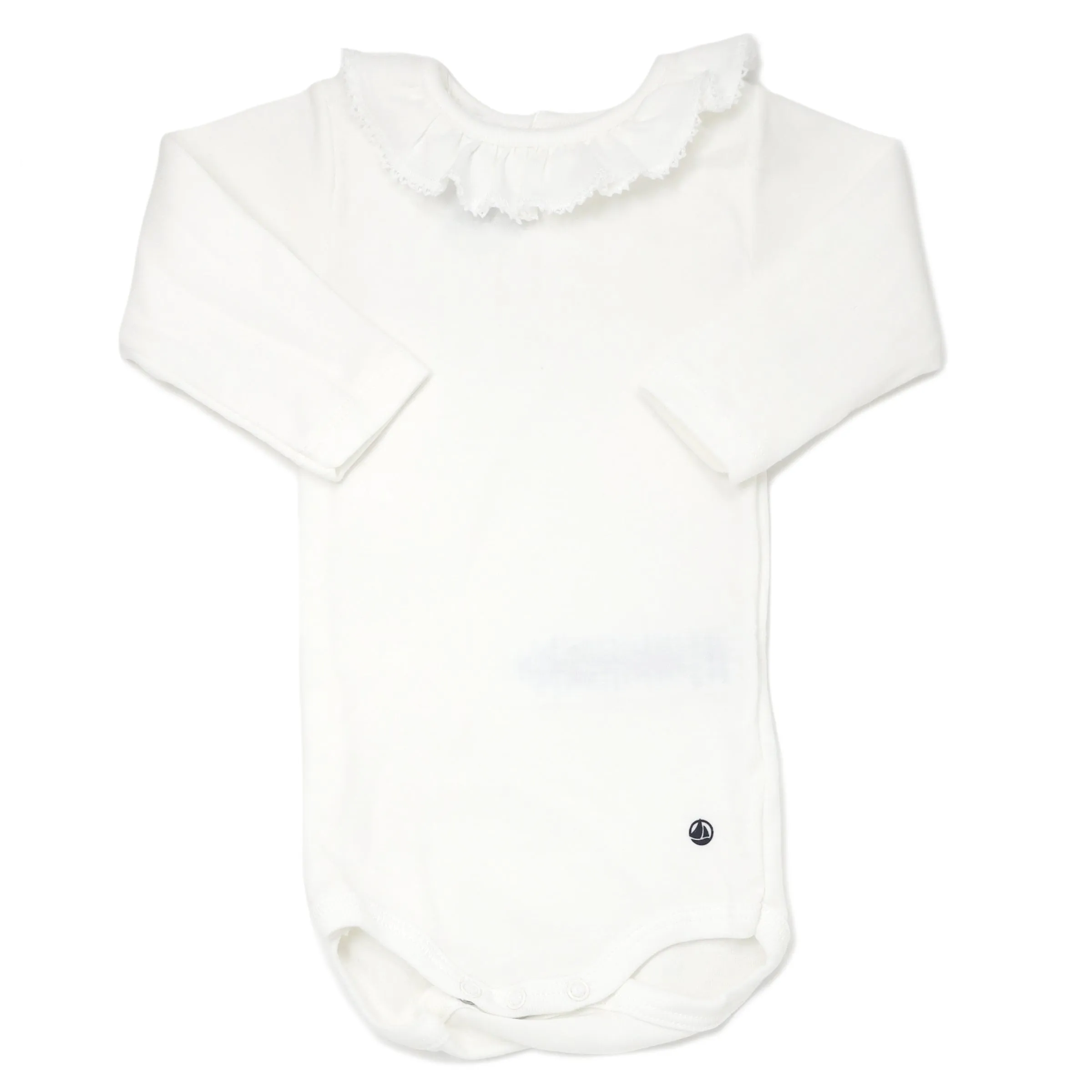 Petit Bateau Long Sleeve Bodysuit with Ruffle Collar - White