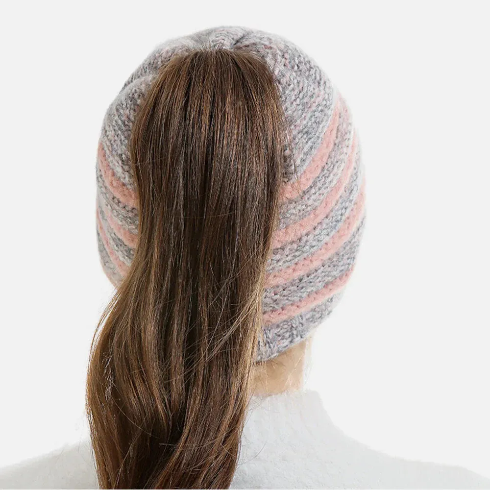 Unisex Wool Stripe Pattern Keep Warm Empty Top Ear Protection Knitted Hat