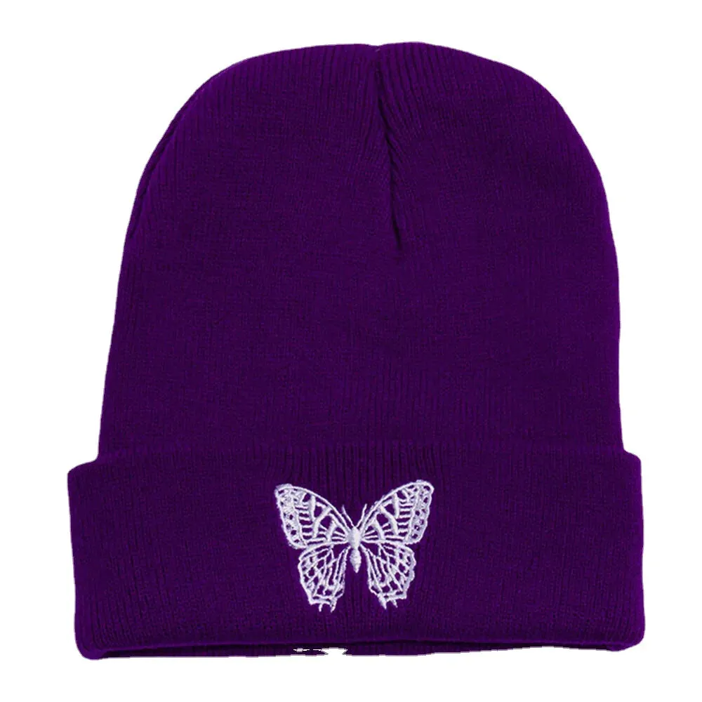 Unisex Wool Warm Elastic Casual Cartoon Butterfly Embroidery Pattern Knitted Hat Brimless Beanie