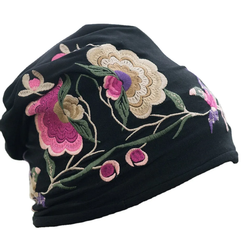 Women Cotton Embroidery Flower Printing Ethnic Style Beanie Hat Breathable Turban Cap